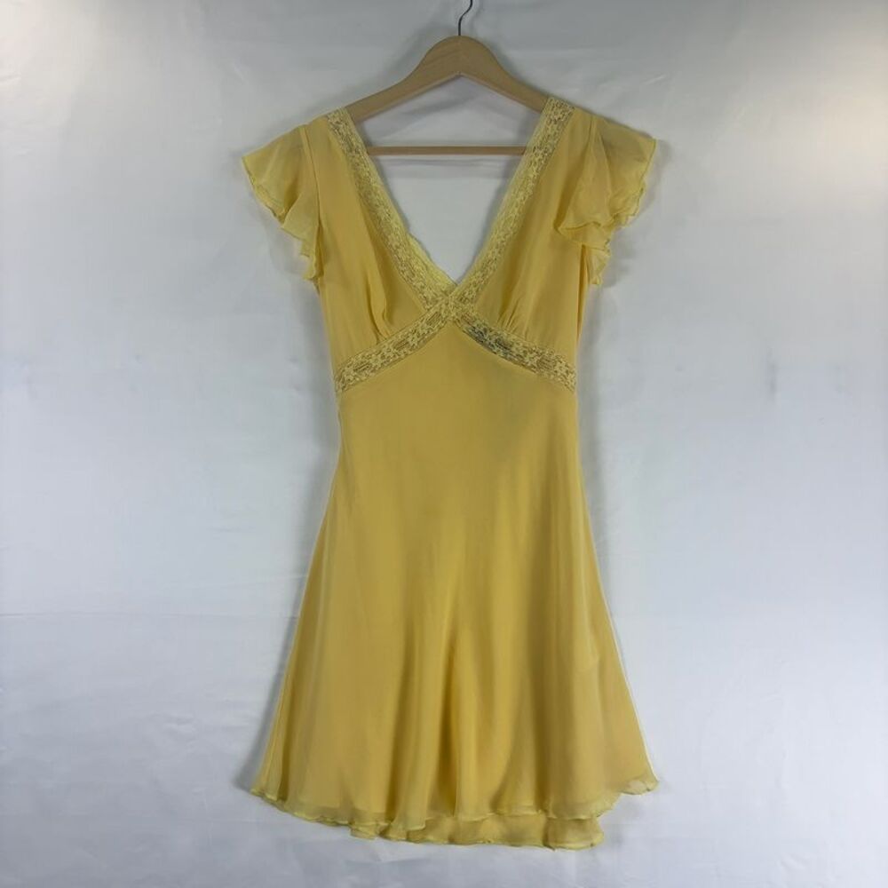 Realisation Par Erin Golden Yellow V-Neck Lace Trim Flutter Sleeve Dress